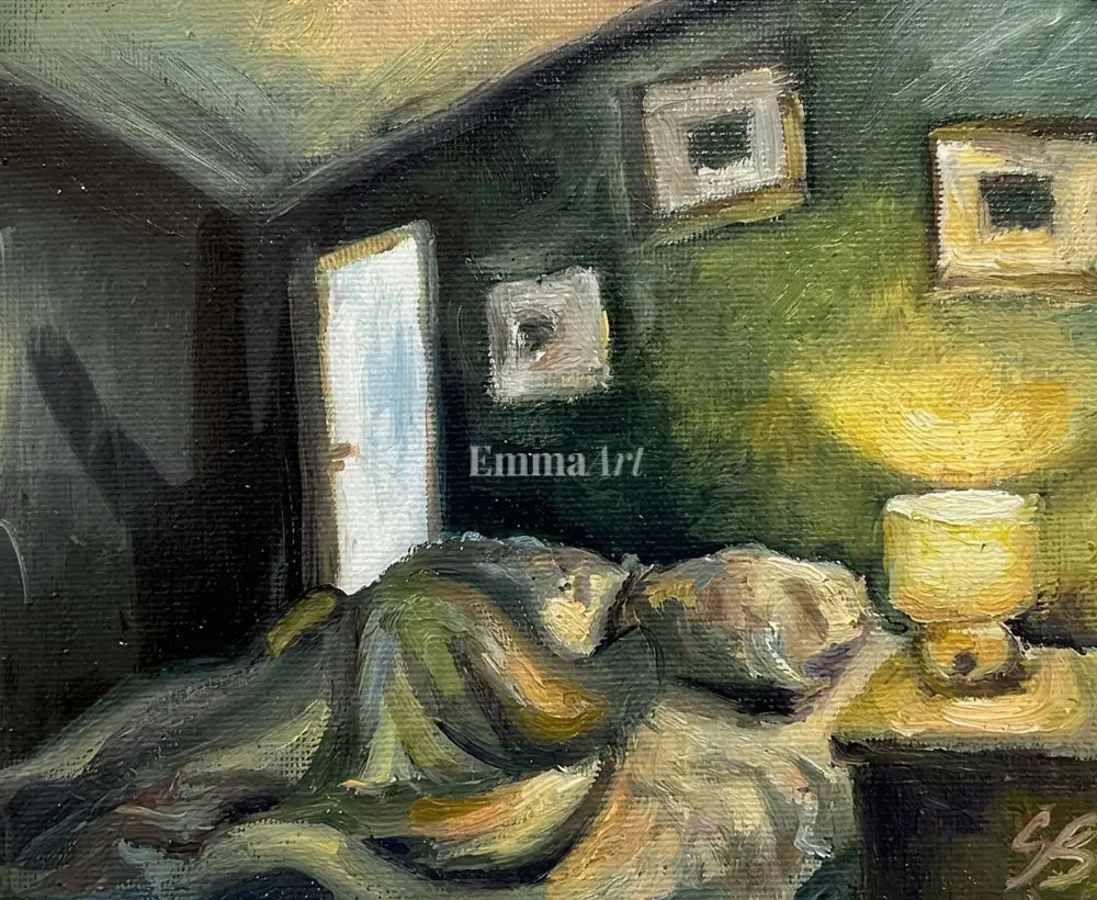 Midnight Sanctuary – Moody Impressionist Bedroom at Night Art Print - Digital art prints