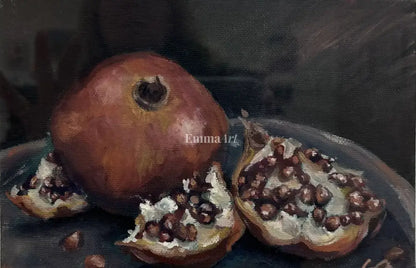 Crimson Abundance – Moody Pomegranate Still Life Art Print - Digital art prints
