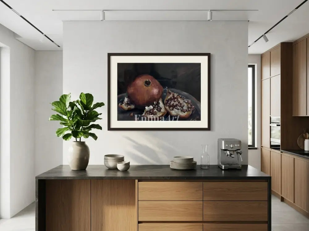 Crimson Abundance – Moody Pomegranate Still Life Art Print - Digital art prints