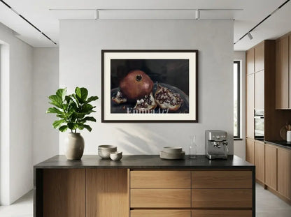 Crimson Abundance – Moody Pomegranate Still Life Art Print - Digital art prints