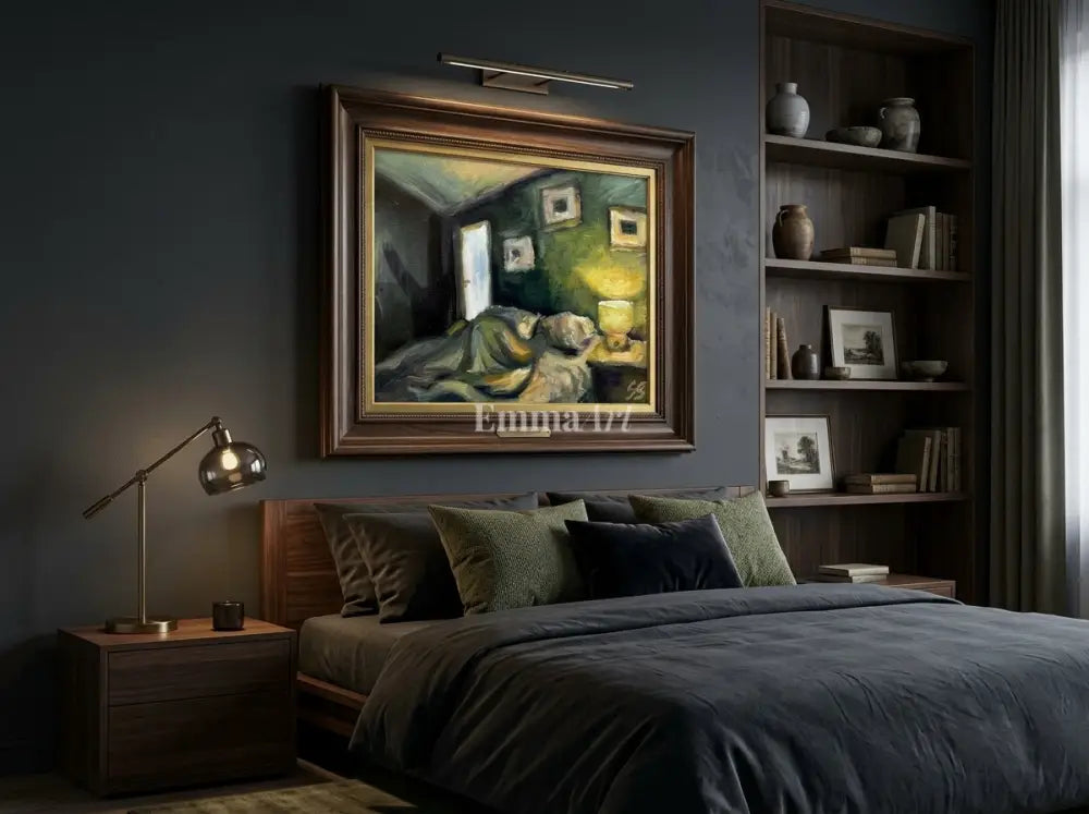 Midnight Sanctuary – Moody Impressionist Bedroom at Night Art Print - Digital art prints