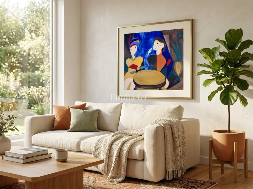 The Rendezvous – Mid-Century Modern Cubist Figurative Art Print - Digital art prints