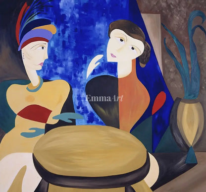 The Rendezvous – Mid-Century Modern Cubist Figurative Art Print - Digital art prints