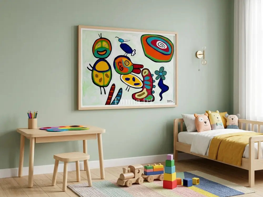 Whimsical Playroom Companions – Vibrant Abstract Kids Room Art Print - Digital art prints