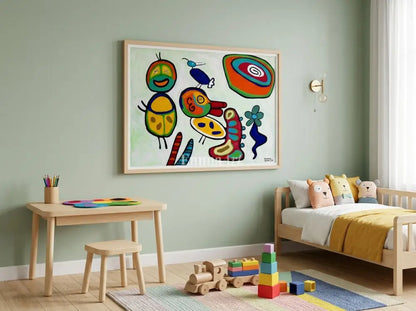 Whimsical Playroom Companions – Vibrant Abstract Kids Room Art Print - Digital art prints